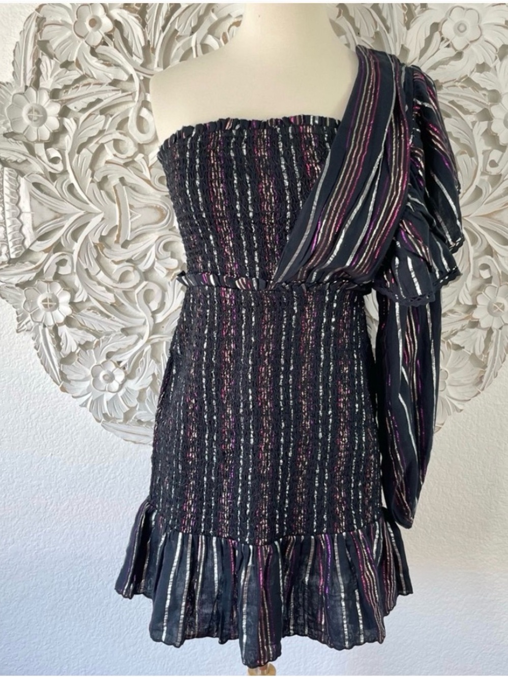FARM Rio Black Mini Dress with Iridescent Stripes